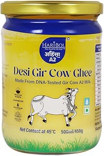 Haribol Pure A2 Gir Cow Ghee – 500ml | 100% Natural Pure Desi Cow Ghee | Natural Grazing & DNA-Tested | Supports Lactose Intolerants | ISKCON TOVP | Glass Jar