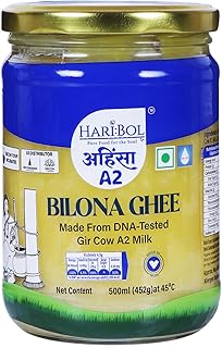 Haribol Pure A2 Bilona Ghee - 500ml | Best A2 Desi Cow Ghee Made with Traditional Bilona Method | Curd-Churned | Natural Grazing & DNA-Tested | ISKCON TOVP | Glass Jar