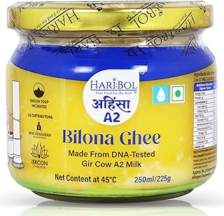 Haribol Pure A2 Bilona Ghee – 250ml | Best A2 Desi Cow Ghee Made with Traditional Bilona Method | Curd-Churned | Natural Grazing & DNA-Tested | ISKCON TOVP | Glass Jar