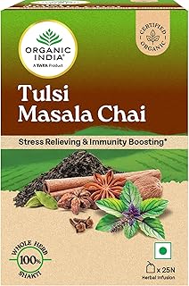 A TATA Product - Organic India Tulsi Masala Chai, 25 Tea Bags, Stress Relieving*, Refreshing And Relaxing, 100% Whole Herb Power*, Certified Organic, Unbleached Filter Paper Tea Bags